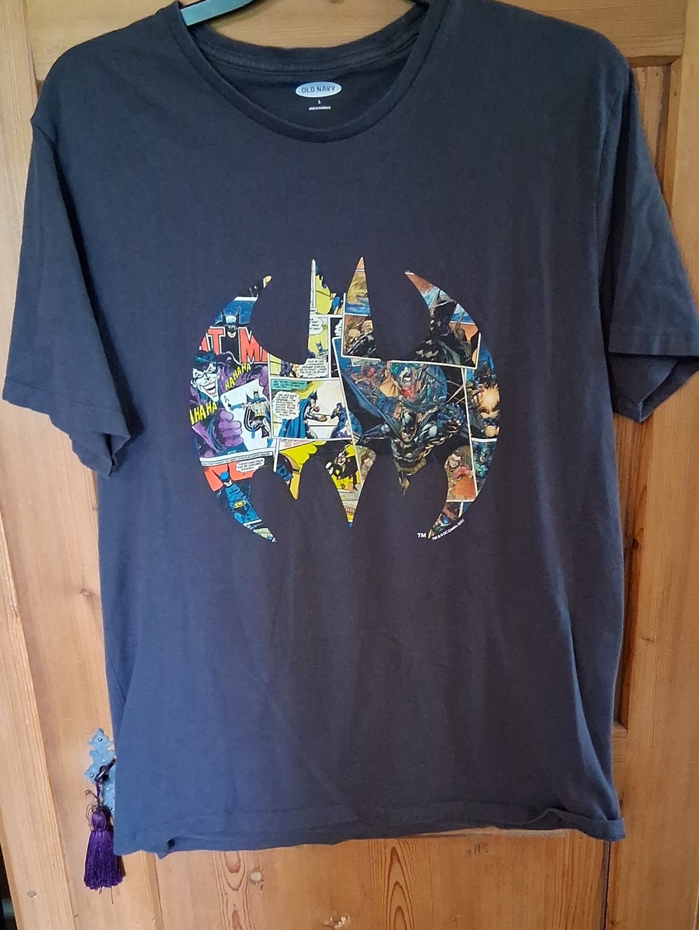 Old Navy Black Tee with Multicolor Batman Comic Emblem